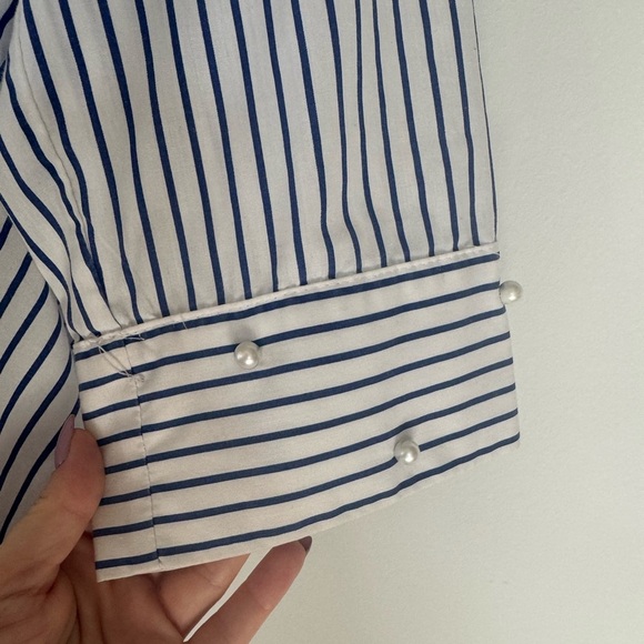 ZARA Blue & White Button-Down Shirt w/ Peplum Back & Pearl Sleeve Accents – S - Picture 6 of 17